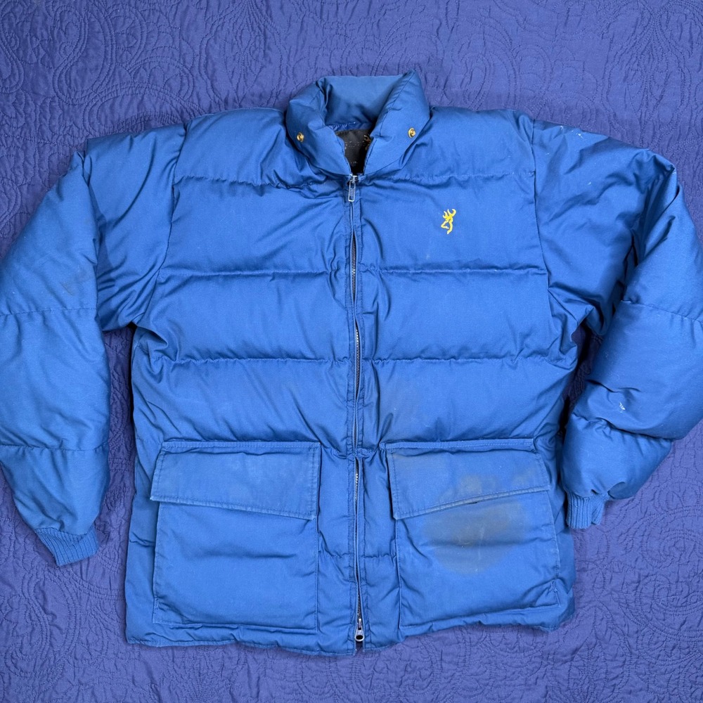 VNTG Browning Puffer Jacket Mens Medium Blue Quilted Down Coat Made in USA Read